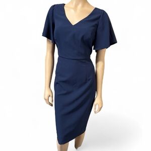 Adrianna Papell Navy Blue Midi Dress M Medium Jet Stretch‎ Cold Shoulder NWT